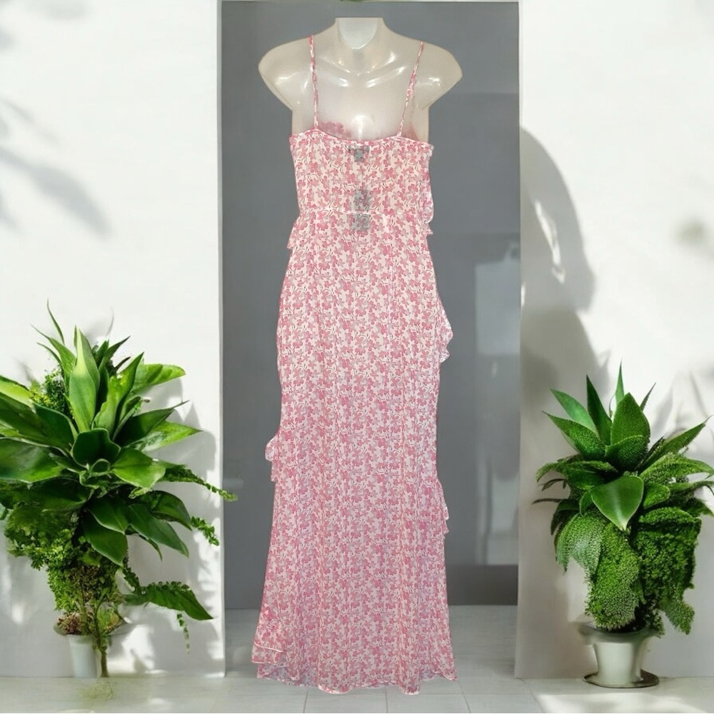 PrettyLittleThing Pink Floral Chiffon Maxi Dress | Size 2 | Sheer Frill Detail - Picture 4 of 9